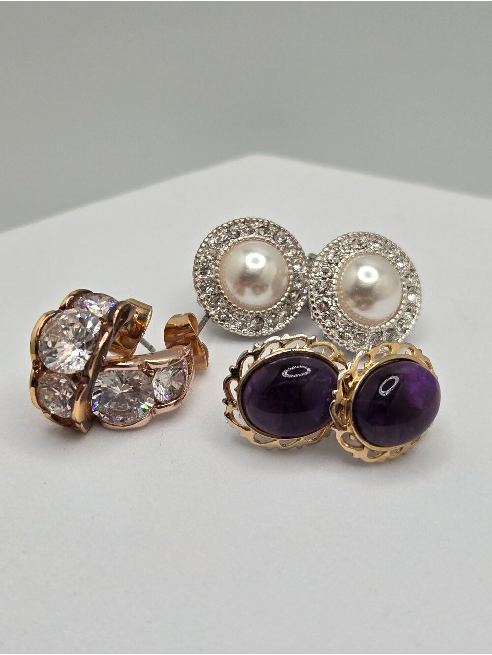 3 Pair Statement Earring Set Pearl Halo Amethyst Crystal Hoop New